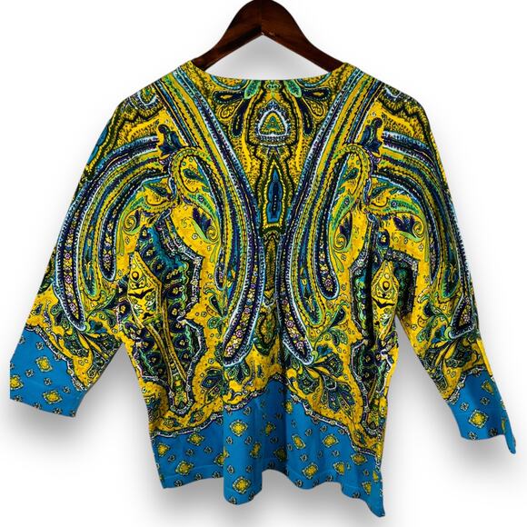 Isaac Mizrahi Paisley Print Cardigan Sweater Blue Yellow Stretch 3/4 Sleeve XL - Picture 4 of 12